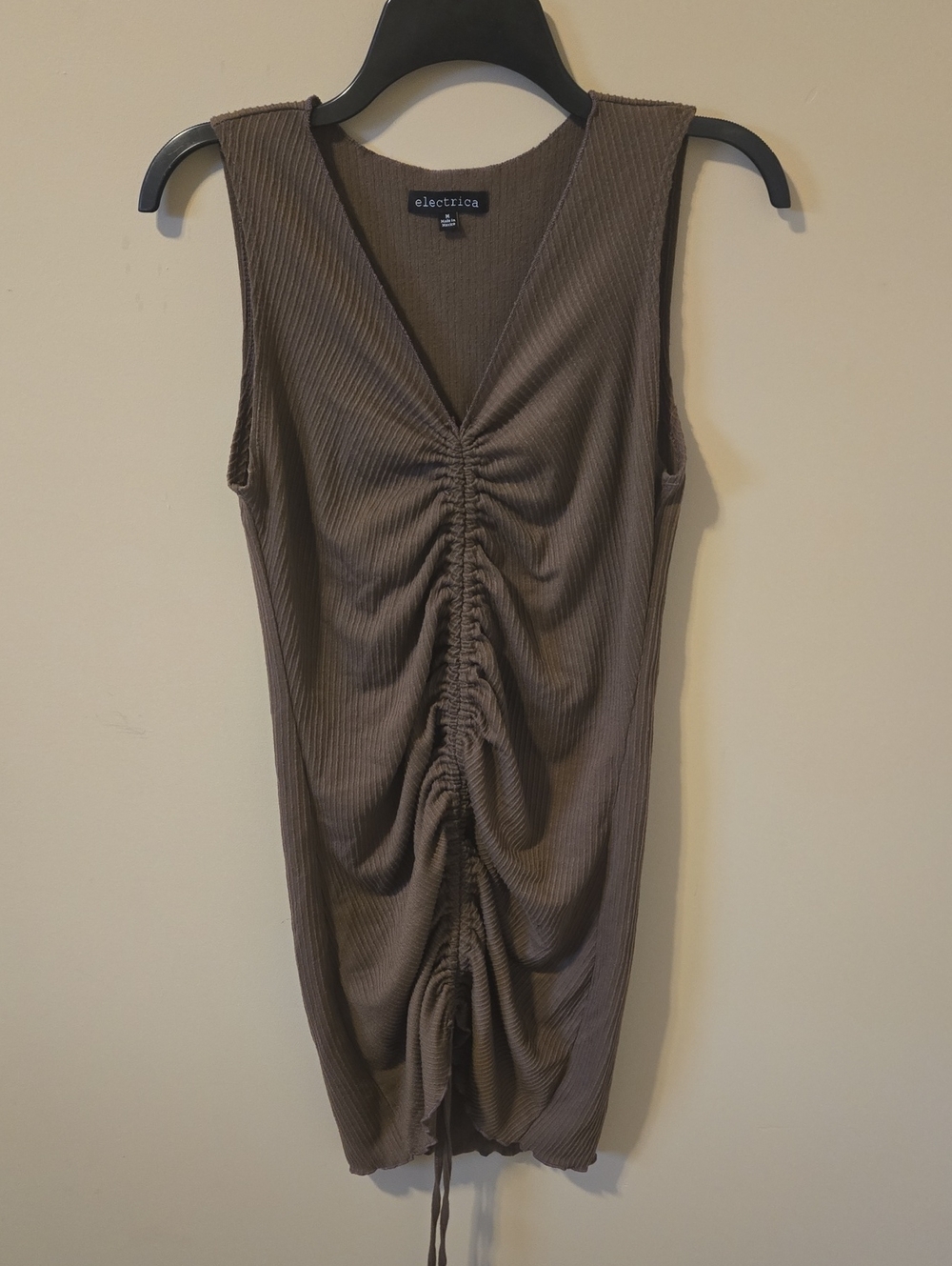 Electric Family Brown Ribbed Ruched V-Neck Midi Dress